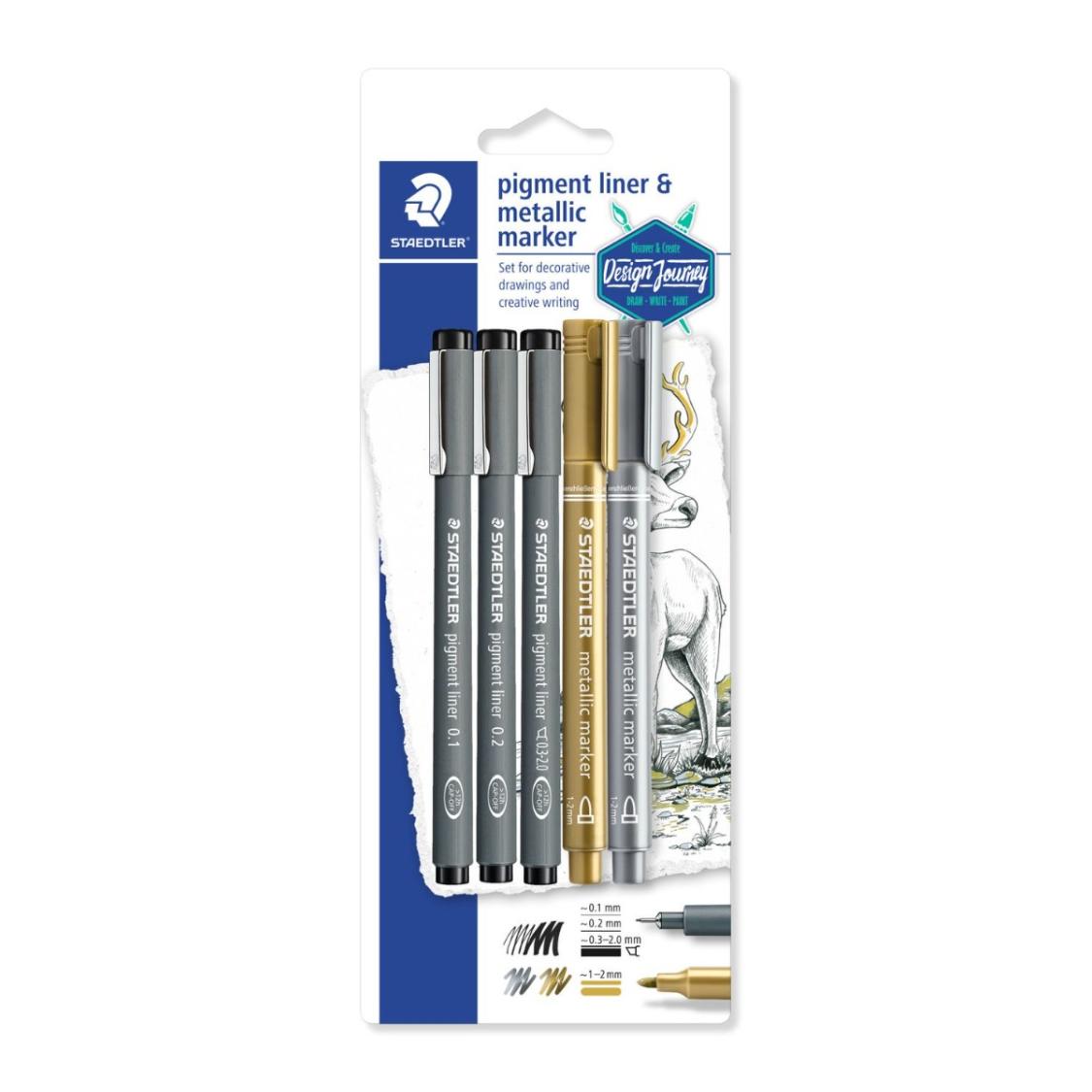 Комплект Staedtler Pigment liner 3 бр+ зл и ср маркери