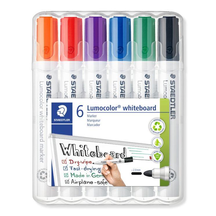 Комплект Маркери Staedtler Lumocolor 351 за бяла дъска, обли, 6 цвята